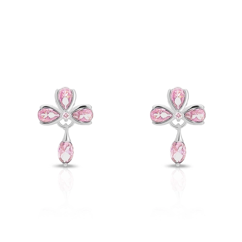 Brinco De Prata Leve Balanço com Meia Flor de Zircônia Rosa