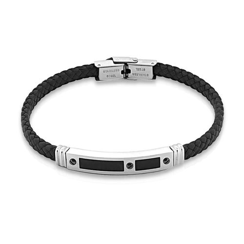 Pulseira em Couro Trançado com Placa Carbonada e Trabalhada