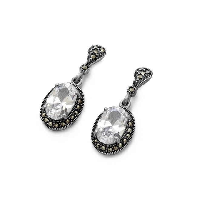 Brinco de Prata com Marcassita e Zircônia Cristal Oval