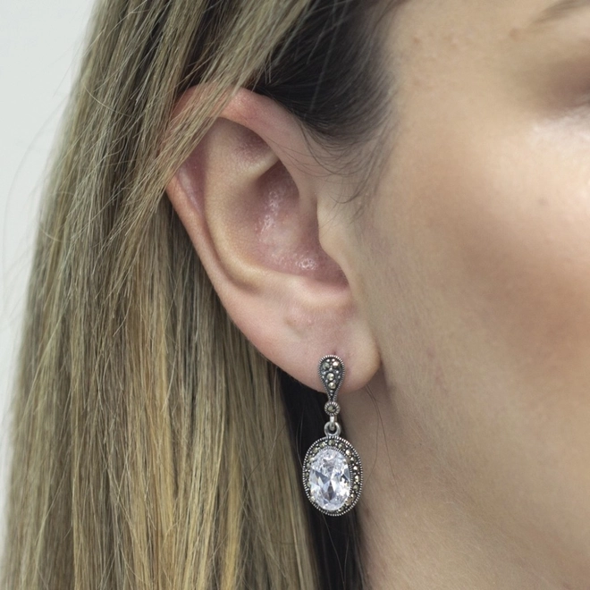 Brinco de Prata com Marcassita e Zircônia Cristal Oval