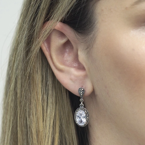 Brinco de Prata com Marcassita e Zircônia Cristal Oval